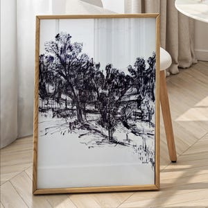 Schwarzweiße Wand Kunst Landschaft Druck, Minimalistische Natur Poster Raumdekor, Wald Baum Landschaft Skizze, Digital Download Gemälde-10