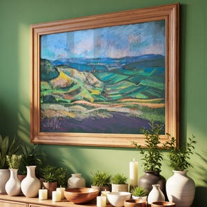 Colorful Rolling Hills Wall Art Printable, Impressionist Patchwork Fields Landscape, Digital Download