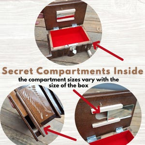 May include: A dark brown wooden box with a hinged lid, featuring a rectangular mirror on the interior, a bright red velvet-lined storage area, and a sliding side panel. The text reads: Secret Compartments Inside the compartment sizes vary with the size of the box.