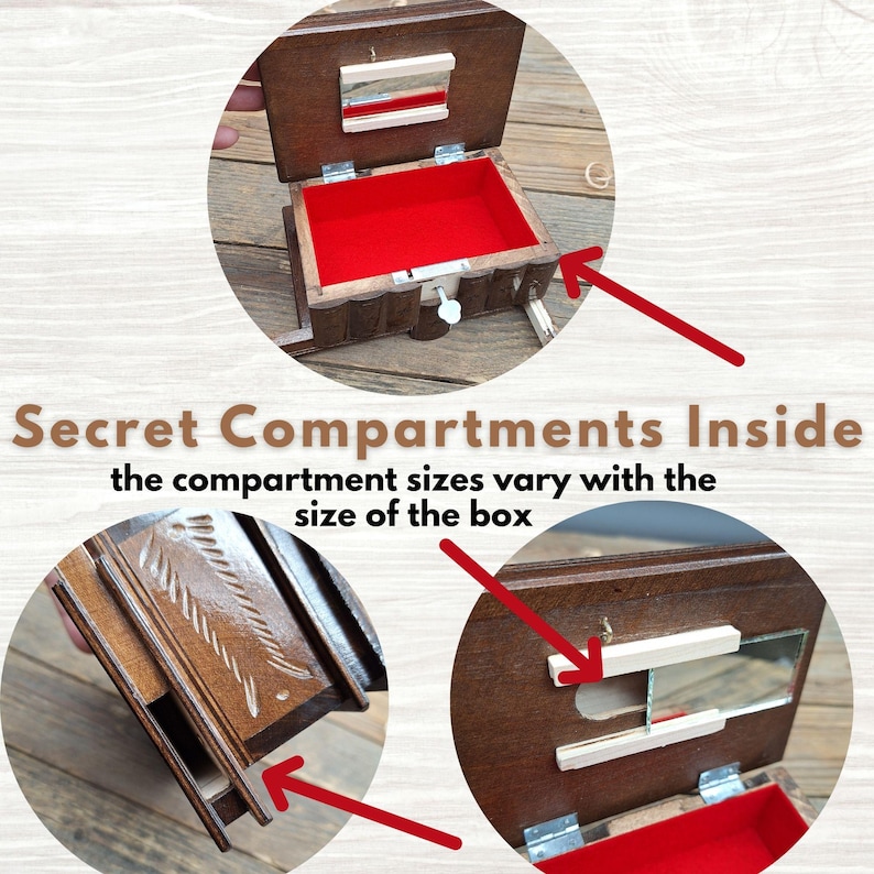May include: A dark brown wooden box with a hinged lid, featuring a rectangular mirror on the interior, a bright red velvet-lined storage area, and a sliding side panel. The text reads: Secret Compartments Inside the compartment sizes vary with the size of the box.