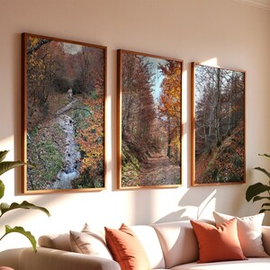 Conjunto de 3 láminas digitales de otoño para descargar, con fotografías de bosques de montaña y decoración otoñal.