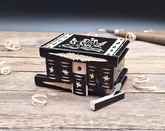 Wooden Puzzle Ring Box with Key, Secret Compartment Hidden Storage Small Stash, Mystery Gift