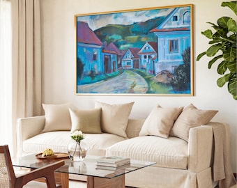 European Village Wall Art Printable Rustic Street Landscape Countryside House Painting Digital Download