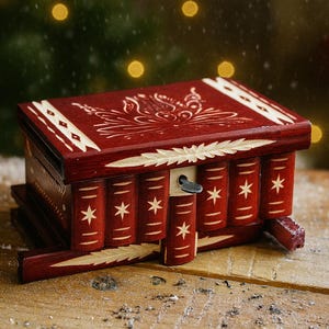 May include: A rectangular wooden puzzle box with a dark red finish and light-colored carved floral and star patterns. The front features a row of vertical slats resembling book spines, with a small metal key protruding from the center mechanism.