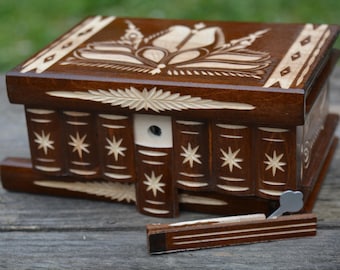 Handmade Carved Wood Puzzle Box with Hidden Compartment