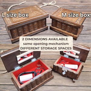 May include: Two dark brown wooden boxes with carved lids and sides resembling book spines. Text reads: L size box, M size box, 2 DIMENSIONS AVAILABLE same opening mechanism DIFFERENT STORAGE SPACES. Interiors are lined with bright red fabric.