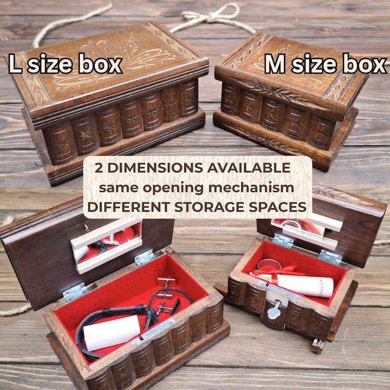 May include: Two dark brown wooden boxes with carved lids and sides resembling book spines. Text reads: L size box, M size box, 2 DIMENSIONS AVAILABLE same opening mechanism DIFFERENT STORAGE SPACES. Interiors are lined with bright red fabric.
