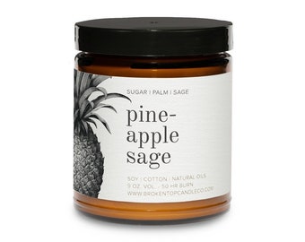 Pineapple Sage All-Natural Soy Candle- Sugar, Palm, and Sage Scent- Broken Top Brands 9 oz. Amber Glass