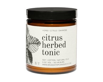 Citrus Herbed Tonic All-Natural Soy Candle- Oakmoss and Herbs Scent- Broken Top Brands 9 oz. Amber Glass