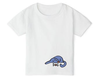 May include: White short-sleeved t-shirt with a blue cartoon dog illustration and the word "DOG" printed below it.