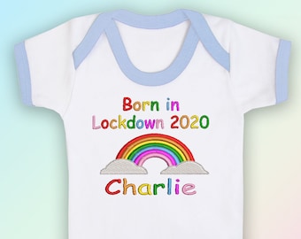 Personalised Born in Lockdown Embroidered Baby Bandana Dribble Bib Gift Unisex