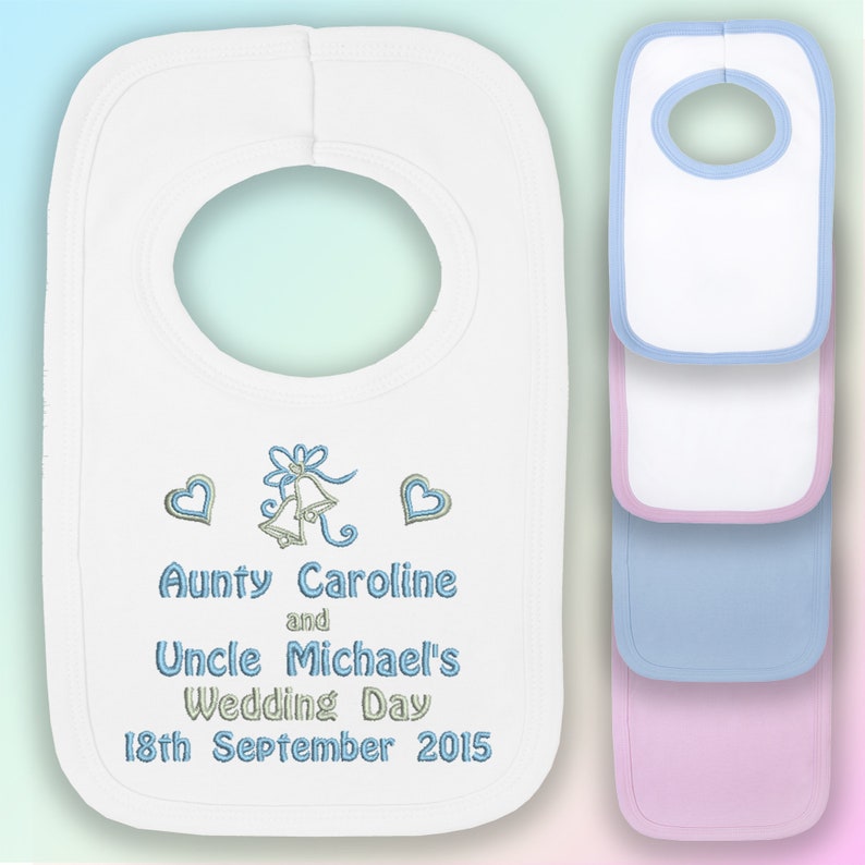 Personalised Wedding Day Embroidered Baby Pull-Over Bib. Text and Bib colour options. Wedding Breakfast Favour, Guest Gift and Keepsake. 