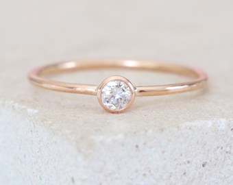 Rose Gold Dainty Diamond Stacking Solitaire Engagement Bezel Ring