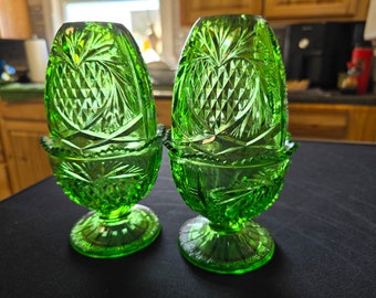 PAIR of Fenton Fairy Lamp PAIR Pineapple Heart Pattern in Green