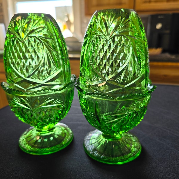 PAIR of Fenton Fairy Lamp PAIR Pineapple Heart Pattern in Green