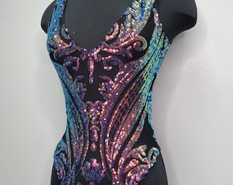 Black Holo Sequins Swimsuit, Rave Outfit, Rave Bodysuit, One piece Swimsuit, Black and Purple Sequins Bodysuit, Plus Size Swimsuit