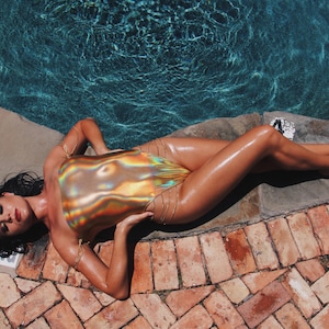 Goddess Swimsuit,Gold Hologram Swimsuit,Gold Chain Swimsuit, Rave bodysuit, Holographic Swimsuit, Gold Holographic Swimsuit