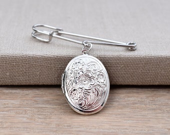 Silver pin with oval medallion as a brooch - To open and fill yourself for two photos - DIY gift for the groom