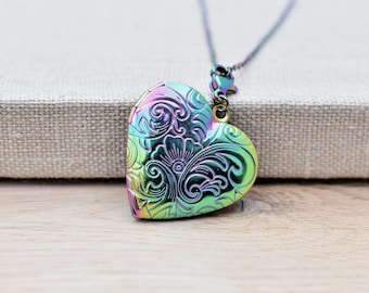 Medallón de corazón arcoíris de acero inoxidable como joya de recuerdo con cadena - Kit de bricolaje para rellenar uno mismo