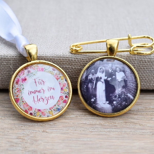 Round memorial as a pendant or brooch in gold, antique bronze or silver - accessory for the bride or groom