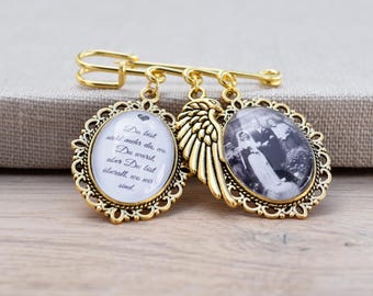 Broche con dos o tres memoriales en oro con espacio para el texto y la foto deseados - regalo para los novios para la boda