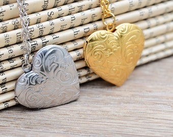 Collar con colgante de corazón fabricado en acero inoxidable - medallón en plata o dorado con estampado de flores para abrir y rellenar para dos fotos