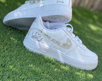 Custom Wedding Nike Air Force 1 Sneakers, Hand-Painted Pearl & Diamond