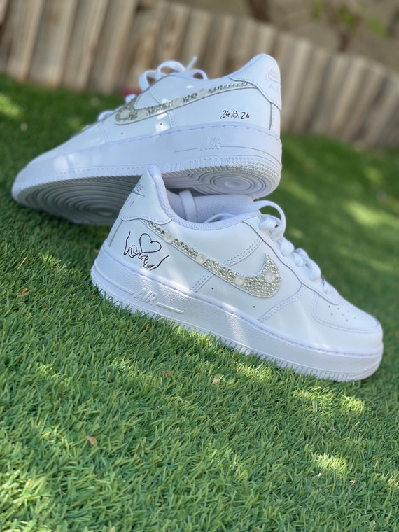 Matching Custom Wedding Shoes Custom Shoes Diamonds Pearl hand Painted Nike Customs Handmade Sneakers Groom Bride Wedding Nike AF1 Etsy