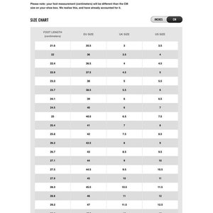 May include: A men's shoe size chart showing foot length in centimetres, EU size, UK size, and US size in inches and centimetres.