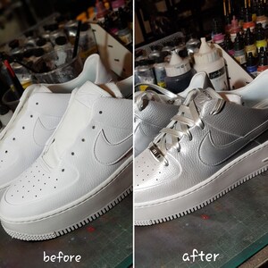 May include: A split image shows a pair of white sneakers before and after customization. The "before" pair is all white, while the "after" pair is silver with matching laces. The sneakers have a thick sole and the Nike swoosh logo.