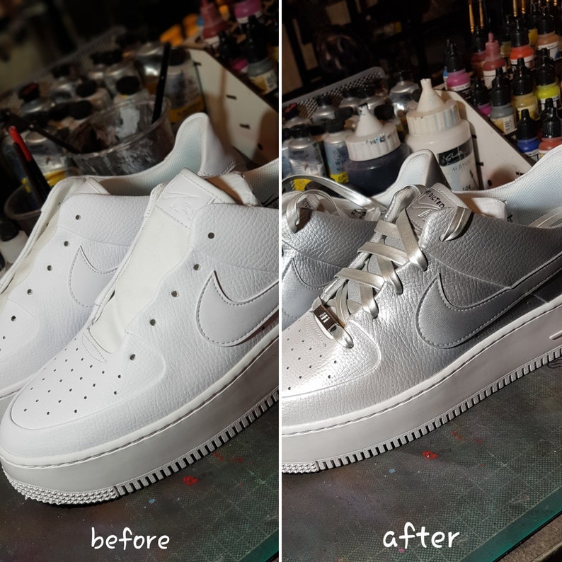 May include: A split image shows a pair of white sneakers before and after customization. The "before" pair is all white, while the "after" pair is silver with matching laces. The sneakers have a thick sole and the Nike swoosh logo.