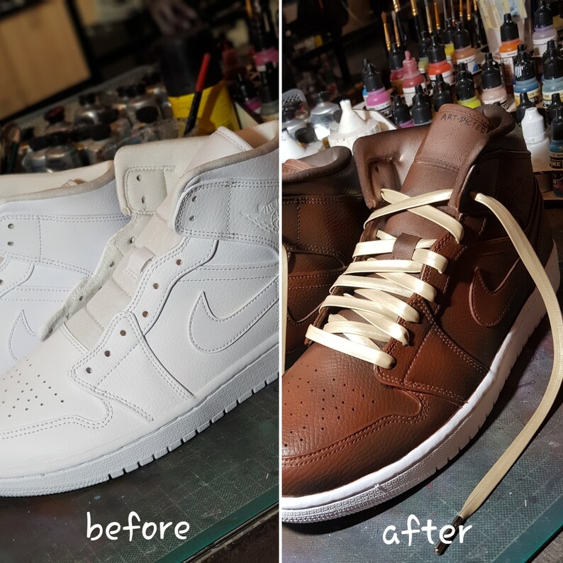 May include: A split image shows a before-and-after transformation of a high-top sneaker. The left side displays a white sneaker, while the right side showcases the same shoe in a rich brown hue. The laces are cream-colored. The text "before" and "after" are visible.