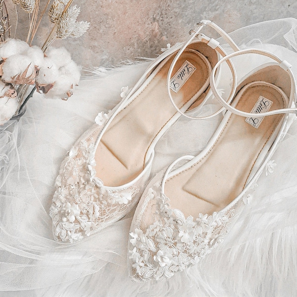 Wedding Shoes Brides Wedding Flower Bridal Pearl Open Lace ivory Custom Heels or Flats