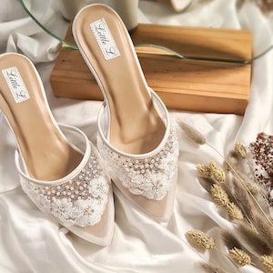 Wedding shoes White Ivory Heels Sandals Flower Lace Rhinestone Custom Block Heels Flats