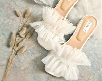 Wedding Shoes Slippers White Ivory Ruffle Sandals Bridal Rhinestone Lace  Custom Heels or Flats