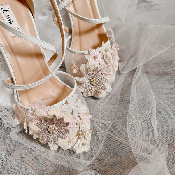 Wedding Shoes - Transparent Flower Pastel 3D Pink White Ivory Peach Custom Shoes Flat or Heels Limited Stock