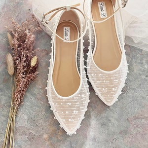 Wedding Shoes Bridal Bride Transparent Lace With Pearl and Beads Simple Elegant White Ivory Custom Heels flats