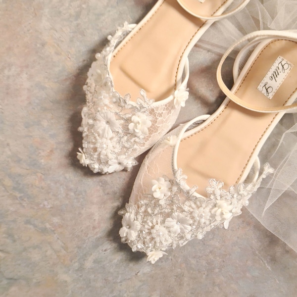 Wedding Shoes White Ivory Flower Lace Rhinestone Pearl Custom Heels or Flats