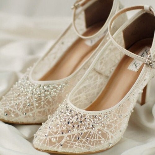 Wedding Shoes - Broken White Lace Shoes Pearl and Rhinestone Custom Flat or heels