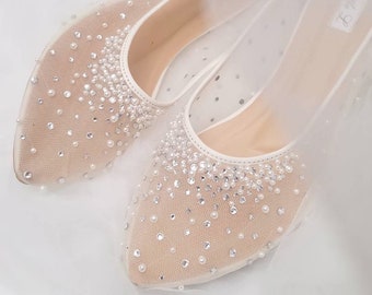 Wedding Shoes Transparent White Lace Pearl Rhinestone Ivory