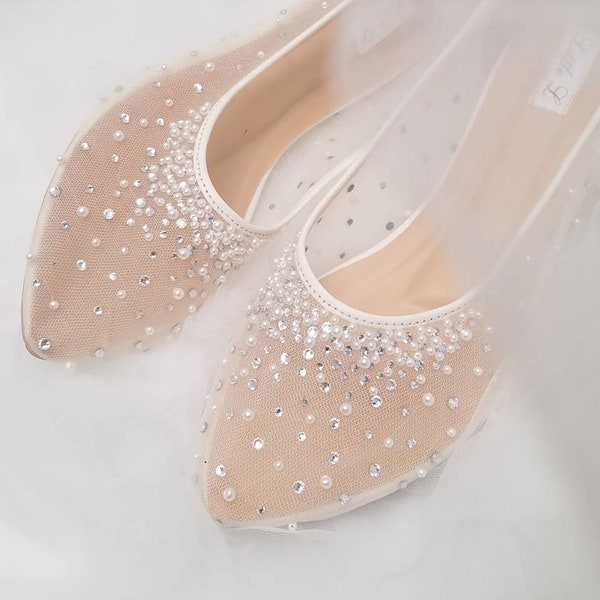 Wedding Shoes Transparent White Lace Pearl Rhinestone Ivory Crystal With Bowtie Bow Custom Flat and Heels