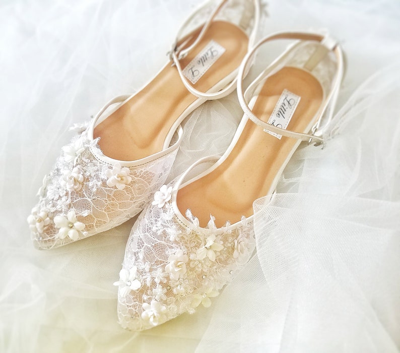 Wedding Shoes - White Flower Lace Rhinestone Pearl Custom Heels or Flats