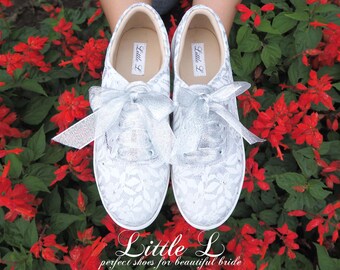 White Silver Lace Sneakers with silver Bow Tie Custom Colors