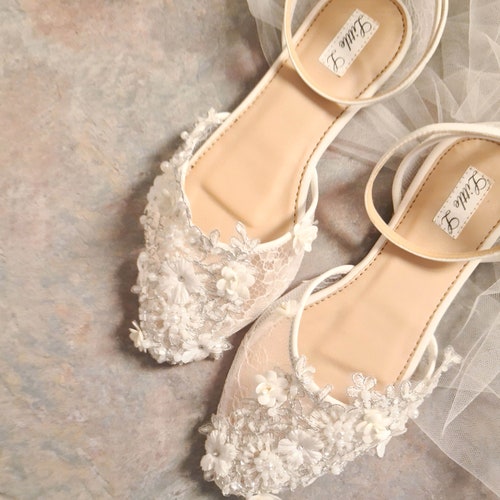 Wedding Shoes White Ivory Flower Lace Rhinestone Pearl Custom - Etsy