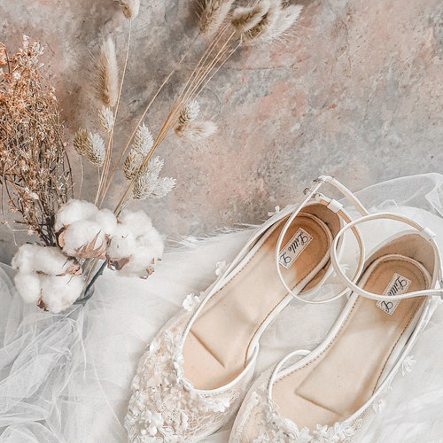 what wedding shoes to wear with lace dress Wedding Shoes Brides Wedding Flower Bridal Pearl Open Lace ivory Custom Heels or Flats