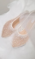Wedding Shoes Transparent White Lace Pearl Rhinestone Ivory Crystal With Bowtie Bow Custom Flat and Heels product logo