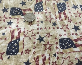 100% Cotton Beige Background with Flags & Stars measuring 96” X 45”