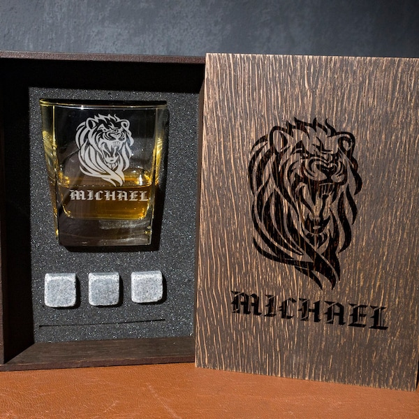 Personalized whiskey glass and 3 whiskey stones in personalized wood box. - 96/1 - lion gifts .Groomsmen gift set. wedding gifts for him.