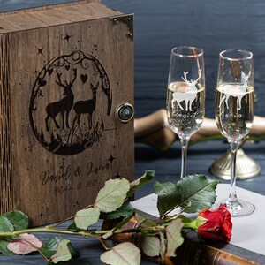 Personalized Wedding Champagne Flutes with Engraved Wood Keepsake Box Always