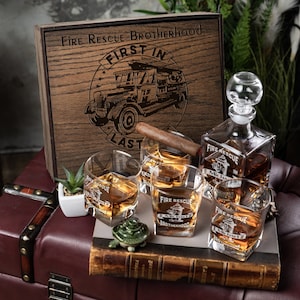 Custom Engraved Whiskey Glass and Decanter in Wooden Box - Personalized Barware Set - firefighter gift - fire rescue Brotherhood  fire truck